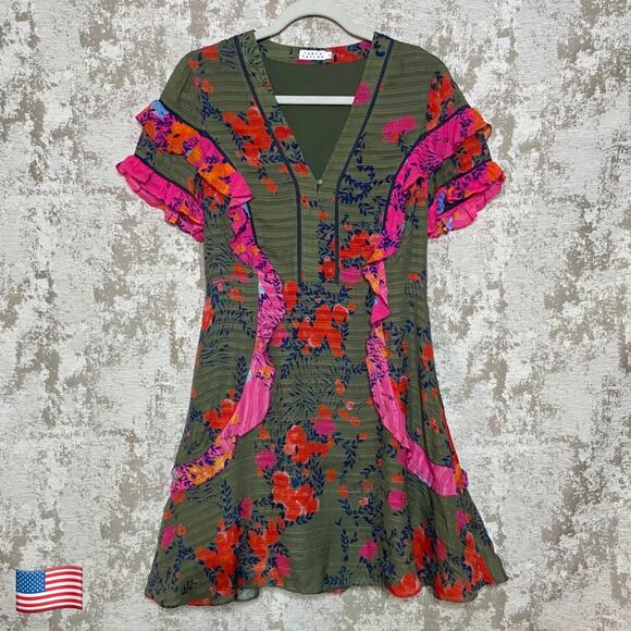 Tanya Taylor Rhett Floral Silk Dress in Green/Pink - Picture 1 of 5
